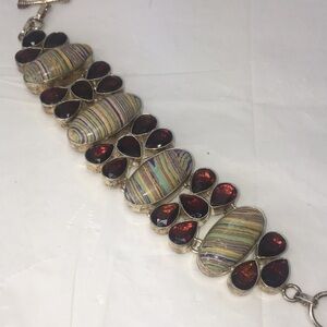 Artisan Handcrafted 925 rainbow calsilica garnet bracelet garnets sterling 7"-8"